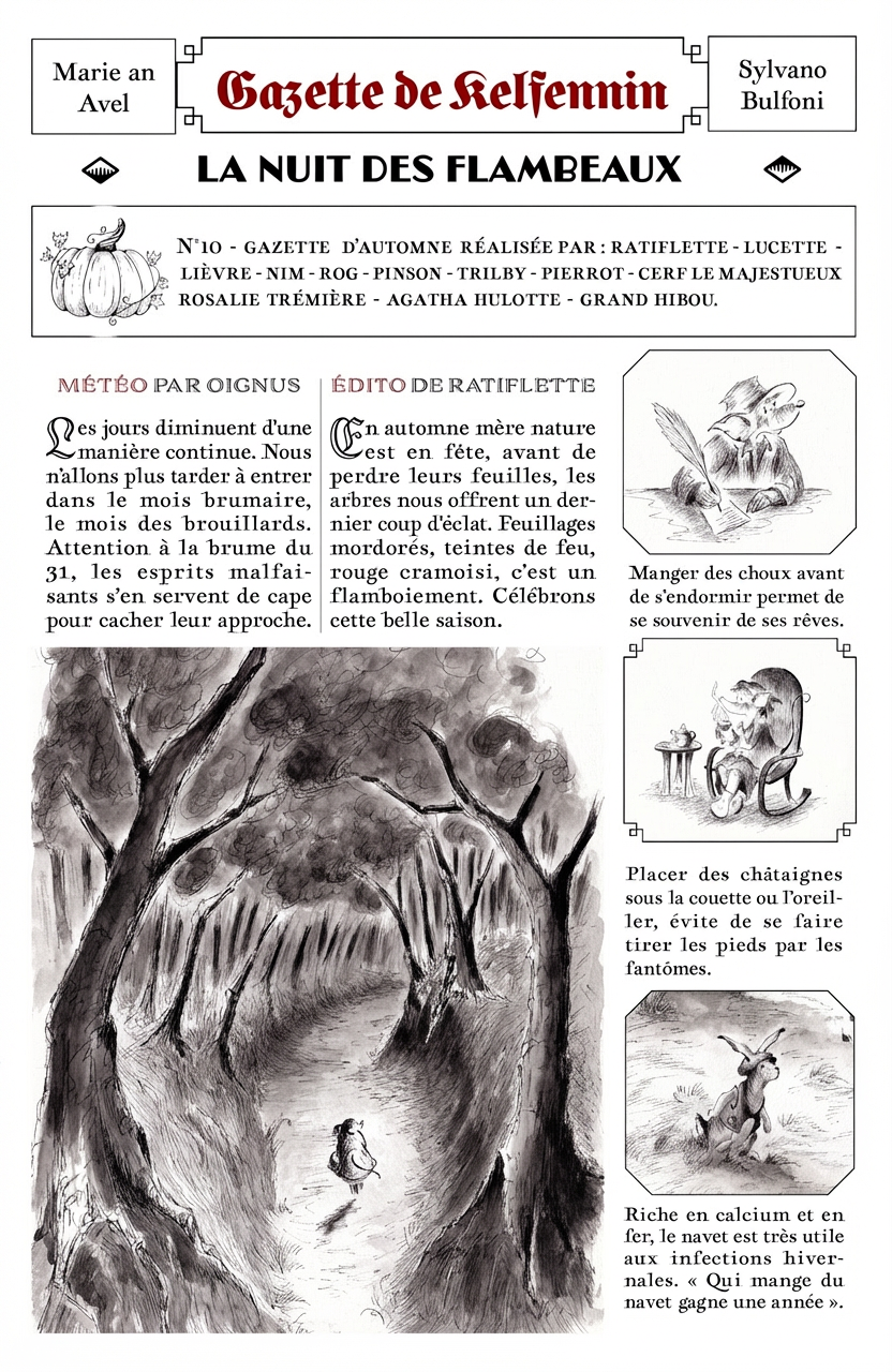 Gazette de Kelfennin par Marie an Avel et Sylvano Bulfoni. Titre : LA NUIT DES FLAMBEAUX. N°10 - GAZETTE D’AUTOMNE RÉALISÉE PAR : RATIFLETTE - LUCETTE - LIÈVRE - NIM - ROG - PINSON - TRILBY - PIERROT - CERF LE MAJESTUEUX ROSALIE TRÉMIÈRE - AGATHA HULOTTE - GRAND HIBOU. MÉTÉO PAR OIGNUS : Les jours diminuent d’une manière continue. Nous n’allons plus tarder à entrer dans le mois brumaire, le mois des brouillards. Attention à la brume du 31, les esprits malfaisants s’en servent de cape pour cacher leur approche.
